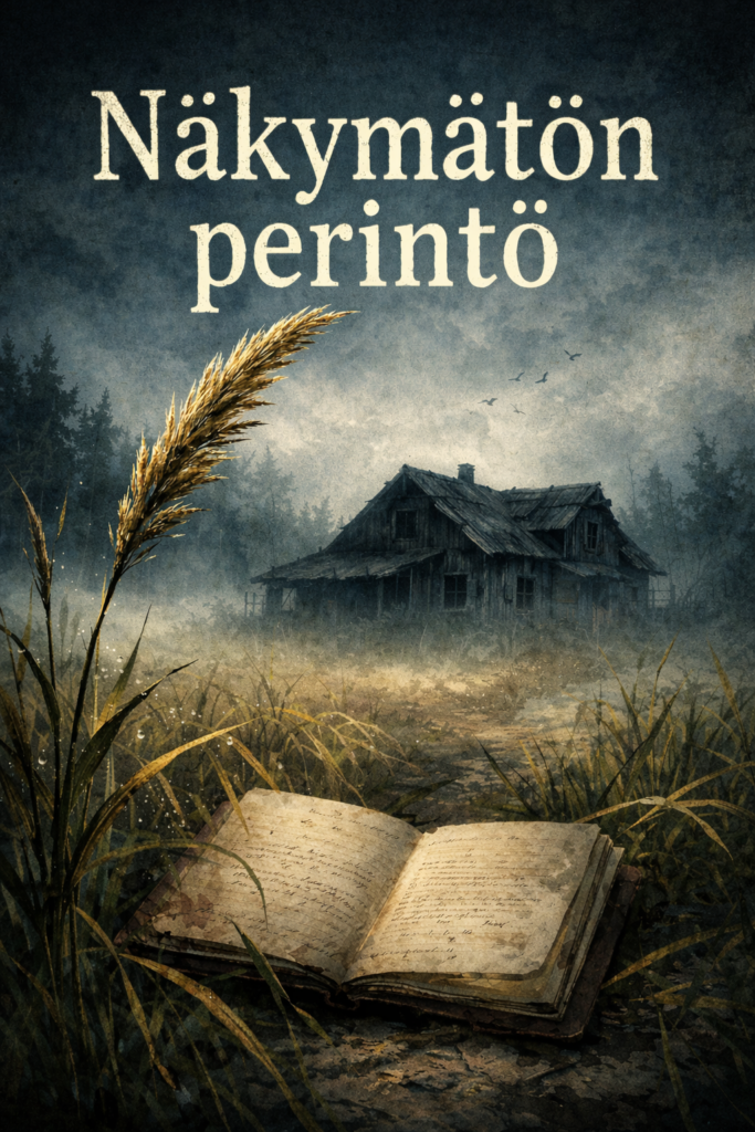 Kirjan kansisivun hahmotelma, jossa taustalla vanha osittain romahtanut taloa, etualalla avoin kirjan ja yksinäinen heinänkori